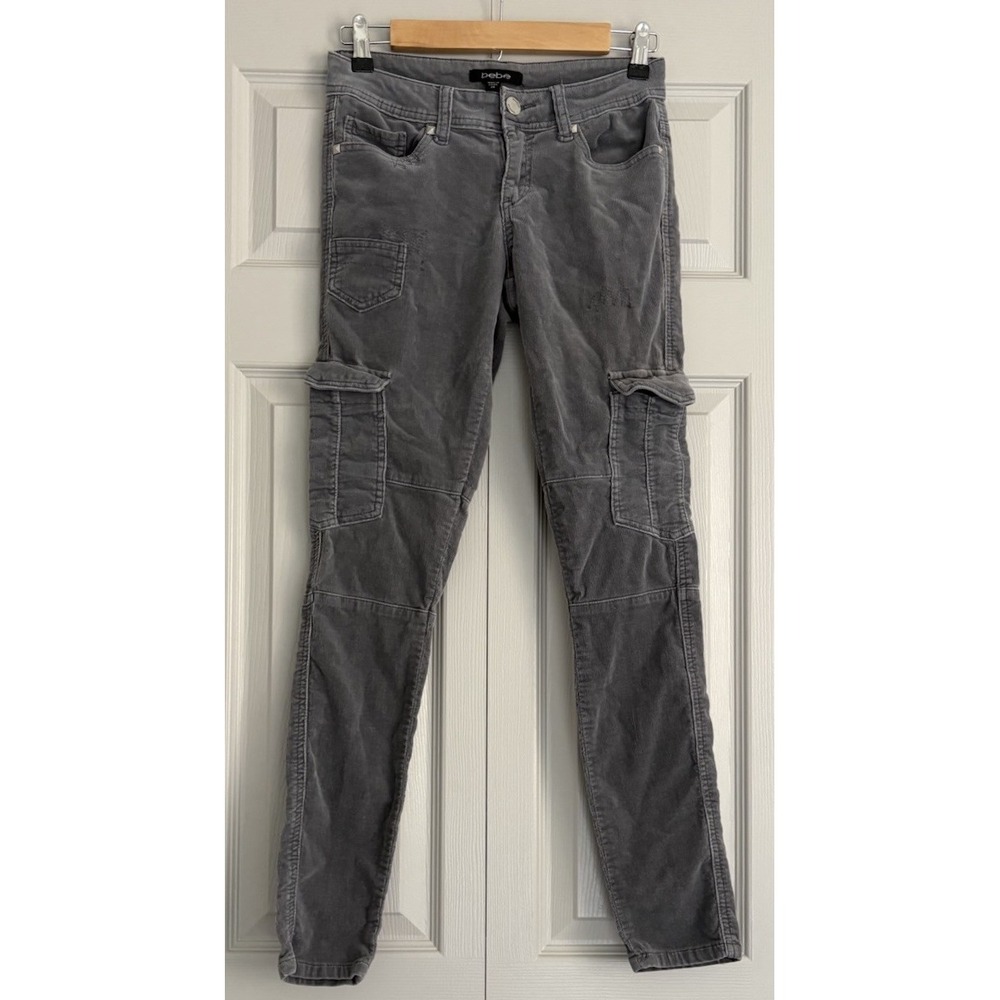 Vintage Y2K Bebe Corduroy Charcoal Gray Studded Cargo Skinny Pants Women's Sz 28